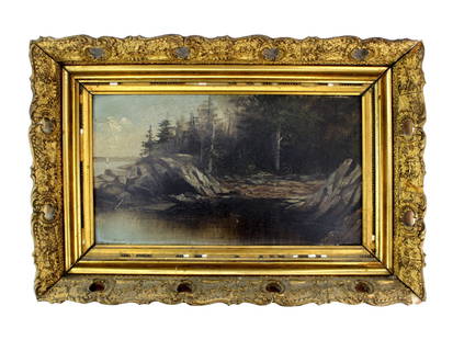 19th C Landscape Oil Painting by George Hathaway: A 19th-century oil painting by George M. Hathaway (1852-1903), featuring a forested rocky coastline. Signed by the artist and set in an ornate gilt wood frame showing signs of age. Painting size is ap