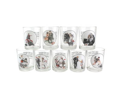 Nine Norman Rockwell Collectible Glass Tumblers: This collectible set of 9 glass tumblers features classic Norman Rockwell illustrations originally published on the covers of The Saturday Evening Post. The tumber measures approximately 4 in. (H) X 3