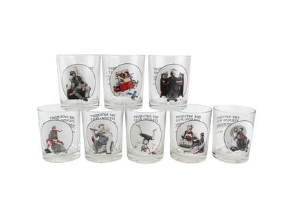 8 Norman Rockwell Glassware Collection Tumblers: Eight Norman Rockwell Glassware Collection "The Saturday Evening Post" Tumblers, Each tumber measures approximately 4 in. (H) X 3 1/2 in. (D). Includes Skaters, Feb.7, 1920; Setting One's Sight, Aug.1