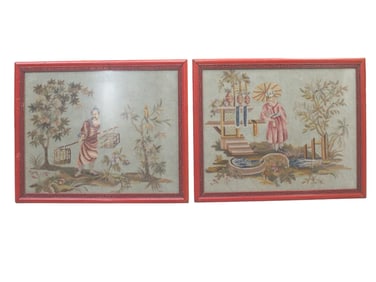 Pair of Framed Chinoiserie Needlepoint Tapestries