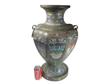 LARGE CHAMPLEVE VASE WITH DOUBLE BEAST HEAD RINGS