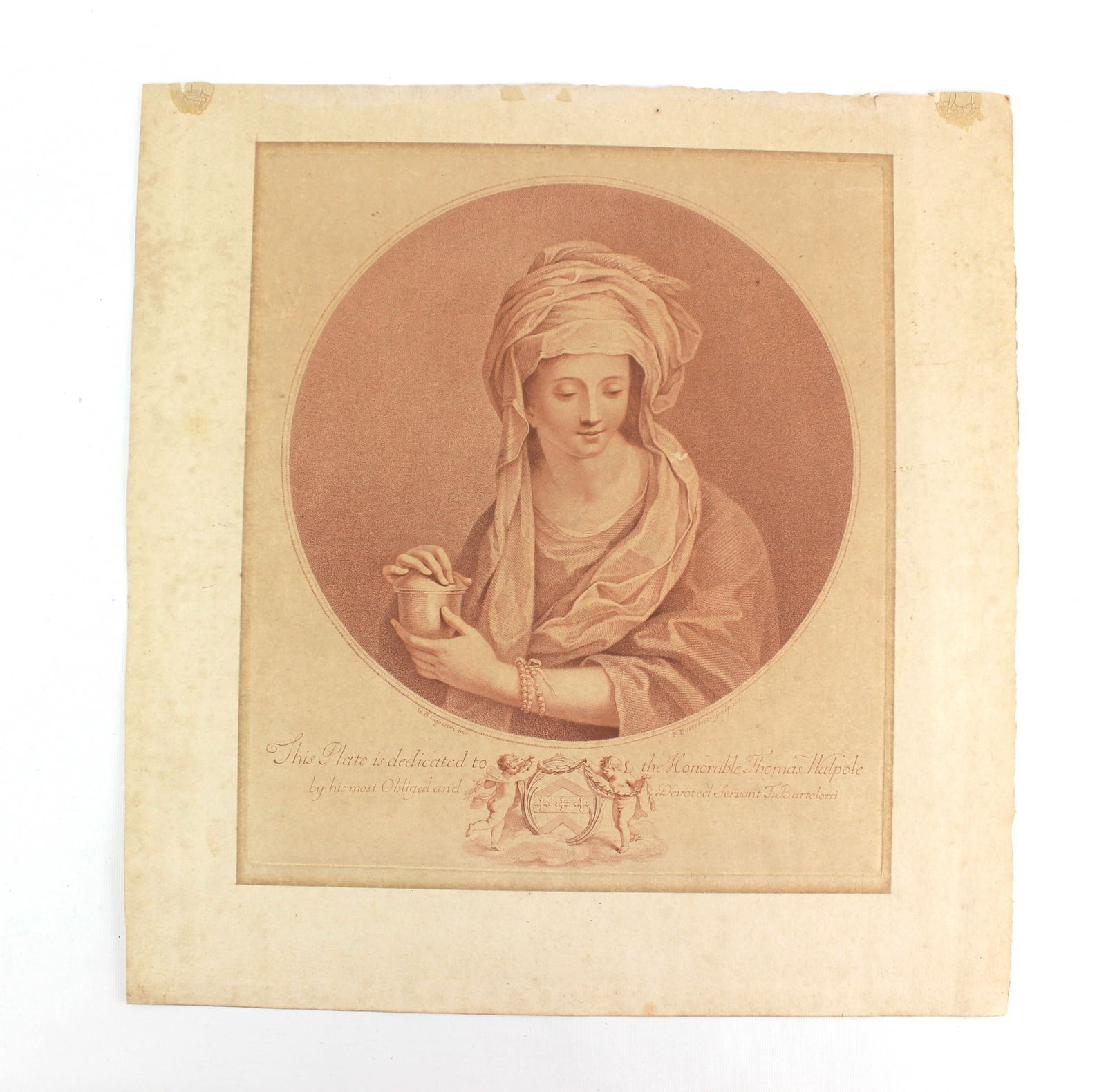 Francesco Bartolozzi, Mary Magdalene, Etching: Etching with stipple, Shows a woman in the Guise of a Virtue with a coat of arms. It printed in red ink, print made by Francesco Bartolozzi, after Giovanni Battista Cipriani. Dated 1771. Inscription c