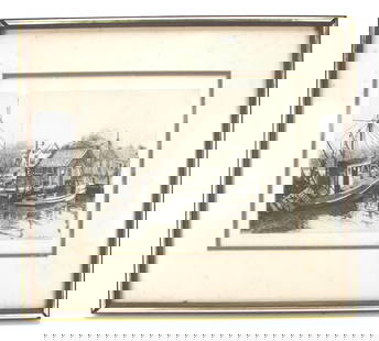 LEONARD H MERSKY. DRAGGER-JUNE ELLEN, ETCHING: Detailed etching of docked fishing boats and coastal cottages by Leonard H. Mersky, titled Dragger "June Ellen". Numbered 150/200 and pencil-signed, the print is framed. Etching measures 9 X 11 1/2 in