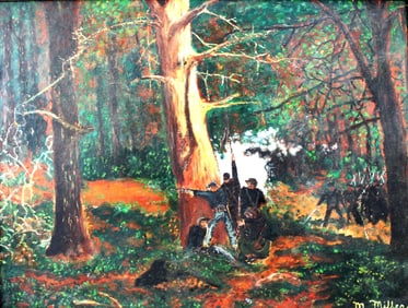 M. MILLER. FOREST CIVIC WAR, OIL ON MASONITE