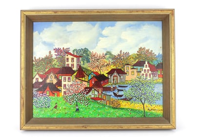 A. Kowalski. Colorful Village by the Water, O/C