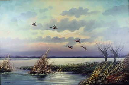 H. Mertens. Sunset Marshland with Flying Duck. O/C