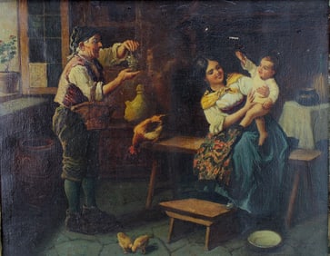 J. SHAW. Family Interior Scene, 19th C. O/C