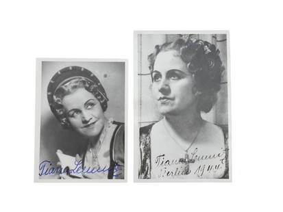 Two Photos of German Opera Singer Tiana Lemnitz: This lot includes two vintage black-and-white photographs of German soprano Tiana Lemnitz (1897-1994, a German operatic soprano), each hand-signed by the artist. One photo is dated “Berlin 1944,&rdq