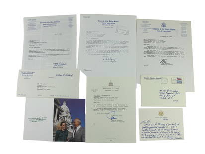 SIX AUTOGRAPHS FROM CONGRESSMEN AND SENATORS: A diverse assortment of typed and handwritten letters, signed cards, and notes from various U.S. Congress members including John D. Dingell, Rosa L. DeLauro, Tom Daschle, Peter A. DeFazio, William D.
