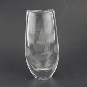 Signed Studio Art Glass Vase with Etched Birds