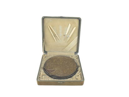 Boxed Set of Antique Copper Dishes with Bone Picks: A boxed set of five Japanese copper dishes (6 in. Diam.) , each shaped like a lotus leaf with a textured and patinated surface. The dishes are presented in a fitted silk-lined case, accompanied by fou