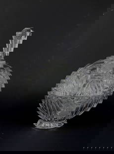 A CUT CRYSTAL GLASS LIDDED BOWL WITH FINIAL HANDLE: Elegant vintage cut crystal bowl with a dome lid and faceted finial handle. Features intricate geometric and starburst patterns with deep cuts and textured panels. It measures approximately 6 in. (D)