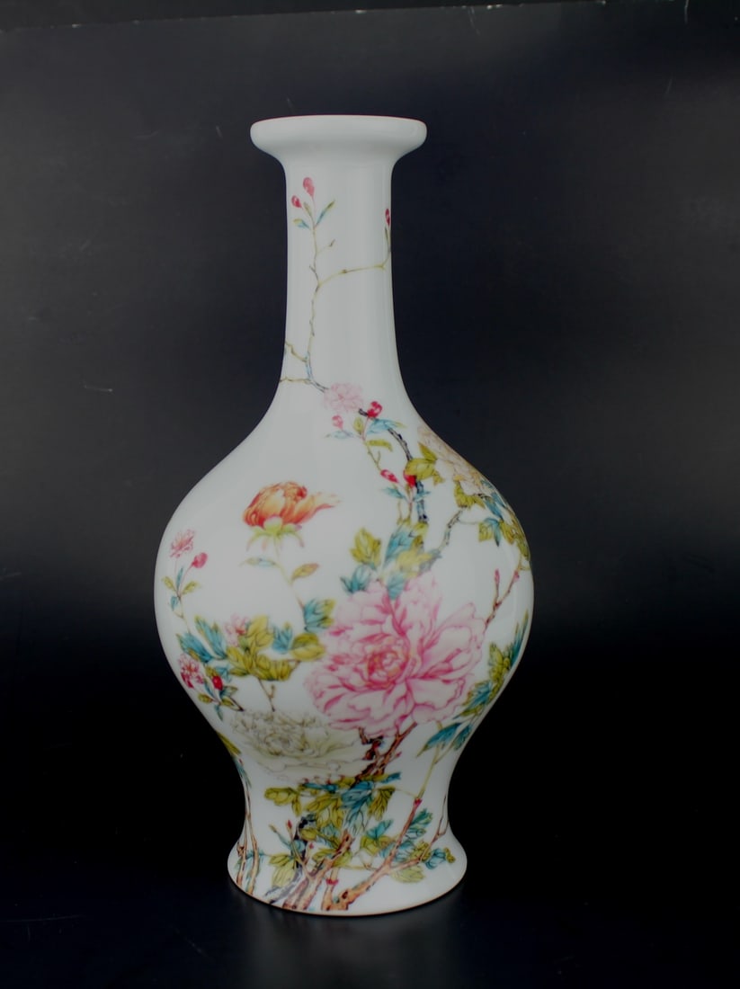 Lenox Porcelain Vase with Yongzheng Mark: Lenox porcelain vase with hand-painted floral design, inspired by traditional Chinese art. Features peony blossoms, a meiping shape, and bears both the Lenox logo and a faux Yongzheng reign mark.. It