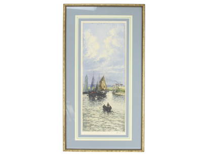 A. LAFITTE, HARBOR SCENES, COLOR ETCHING: Alphonse Lafitte (1872-1936). "Fishing Boats off the Normandy Coast" . Framed etching in color, original artist's Proof. Signed lr. Numbered 209 ll. 7 1/2 X 19 1/4 in. (painting), 14 1/2 X 26 1/2 in.