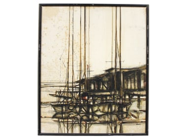 JAMES GROODY, BOATS AT THE PIER, MIXED MEDIA