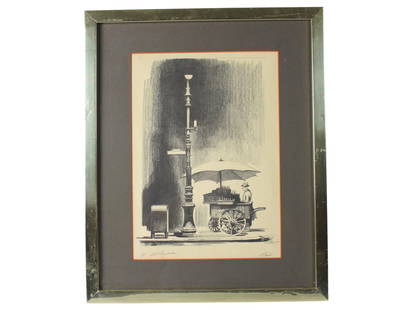SHELDON FINK, "HOT DOG MAN" AP LITHOGRAPH: Shelly (Sheldon) Fink (American, 1925-2002), "Hot Dog Man" , Artist's proof, Figurative/Landscape Lithograph signed to the lower right. Framed and matted under glass. The frame measures approx. 19 3/4