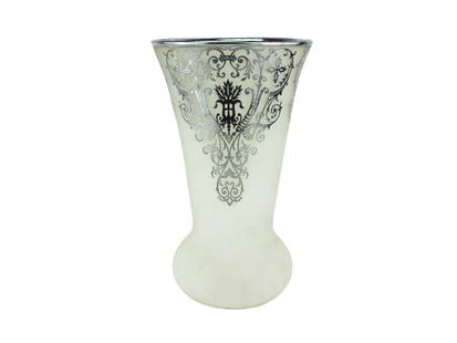 Art Nouveau Sterling Silver Overlay Glass Vase: Elegant Art Nouveau-style glass vase featuring intricate sterling silver overlay decoration. The frosted glass body is adorned with ornate scrolling foliage, a central monogrammed cartouche, and a pol