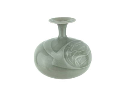 1991 Scott Malcolm Signed Celadon Bud Vase: Signed celadon bud vase by Scott Malcolm, dated 1991, with a carved botanical motif and a flared neck. Approx. 3 in. H.