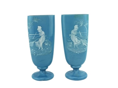 Pair of Victorian Blue Satin Glass Vases