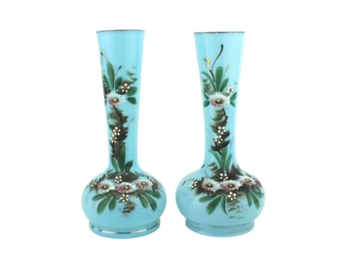 Two 19th C. Hand-Painted Blue Opaline Glass Vases