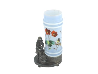 Hand-Painted Blue Opaline Glass Vase with Holder