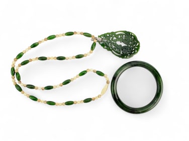 Two Dark Green Jade Jewelry Items