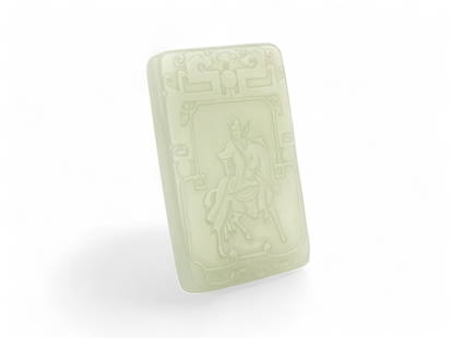Chinese Carved Jade Rectangular Pendant: A finely carved Chinese pale celadon jade plaque of rectangular form. One side is delicately worked with a figure of a scholar or nobleman riding a horse, framed by an ornate archaistic scroll border.