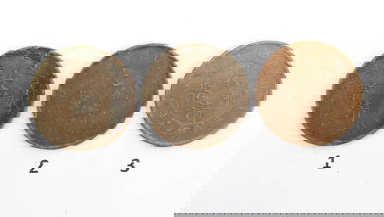 Three Chinese Bronze Coins: Coin #1: 10.7 grams in weight, 33.3 mm in Diameter, 1.5 mm in thickness. Coin #2: 10.2 grams in weight, 33.2 mm in Diameter, 1.4 mm in thickness. Coin #3: 9.6 grams in weight, 33.1 mm in Diameter, 1.4