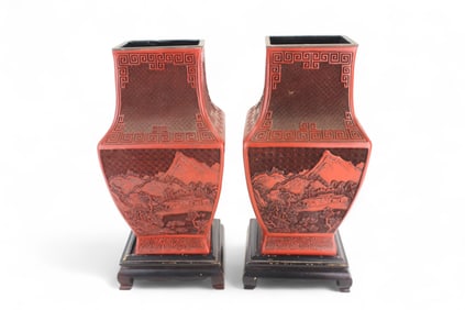 Pair of Chinese Cinnabar-Style Lacquer Vases