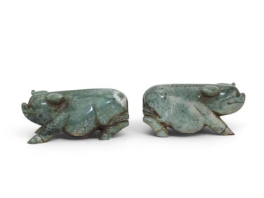 Pair of Chinese Carved Green Soapstone Pig Figures