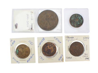 A Group of Five Various Chinese Bronze Coins: This set of five Chinese copper coins includes mainly early Republic of China issues. Common features include crossed flags, wreaths, and bilingual inscriptions such as “TEN CASH” and “THE R