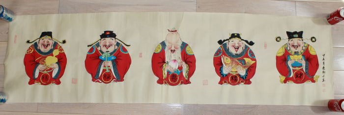 Chinese Watercolor Scroll with Five Lucky Symbols