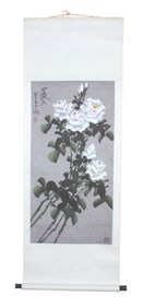 Chinese White Roses Watercolor Scroll Painting