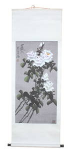 Chinese White Roses Watercolor Scroll Painting: A modern Chinese watercolor scroll painting depicting elegant white roses with soft pink and yellow accents against a muted gray background. Signed and sealed by the artist Bai Yang, with a printed ar