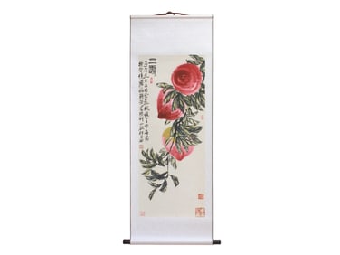 Chinese W/C Scroll of Peaches & Calligraphy