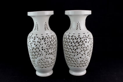 Pair of Chinese Blanc De Chine Reticulated Vases