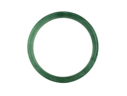 Chinese Green Jadeite Bangle: A polished jadeite bangle in a rich translucent green hue, with an inner diameter of 60 mm and outer diameter of 70 mm. The bracelet is in very good condition with smooth surfaces and no visible crack