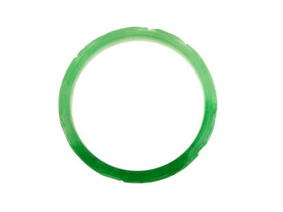 A Carved Green Jadeite Bangle Bracelet: A vivid green jadeite bangle with low-relief carved motifs encircling the outer surface. The bangle measures 58 mm inner diameter and 70 mm outer diameter. It has a semi-translucent polish with light
