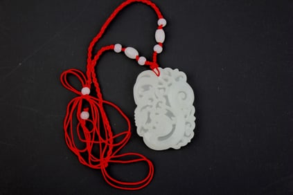 White Hardstone Dragon Pendant with Red Cord