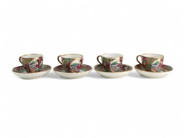 Four Rose Medallion Tea Cups with Saucers