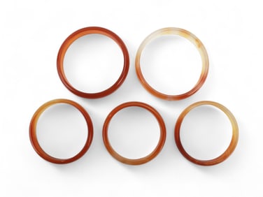 Set of Five Agate Bangles, Rich Red & Amber Tone