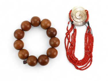 Wood and Coral Bead Bracelets with Shell Pendant