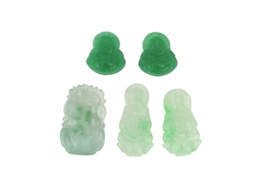 Five Carved Jadeite Pendants, Buddha & Guanyin