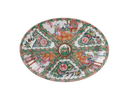 A Large Chinese Export Rose Medallion Oval Platter: An early 20th-century Chinese export Rose medallion oval porcelain dish, decorated with alternating panels of figures and floral motifs with birds. Features a central floral medallion and gilt scrollw