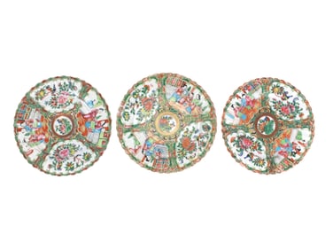Three Chinese Rose Medallion Scalloped Rim Plates