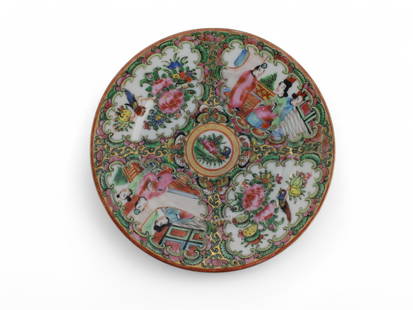 One Chinese Export Rose Medallion Plate: A painted porcelain plate, featuring alternating panels of courtly figures and floral motifs with birds and butterflies. The design centers on a floral medallion, surrounded by intricate gilded patter