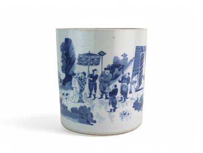 A Large Chinese Blue/White Brush Pot: This cylindrical blue and white porcelain brush pot, dating to the late Ming to early Qing Dynasty, features a detailed hand-painted scene of a ceremonial procession with figures, banners, and a horse