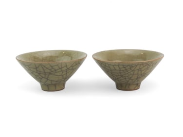 Two Chinese Celadon Cracked Conical Bowl