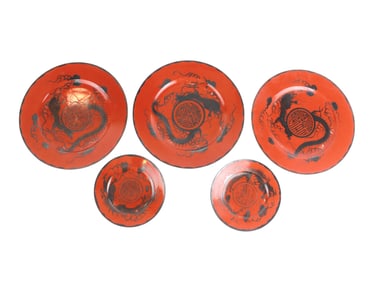 Five Asian Red Ground Porcelain Dragon Plates