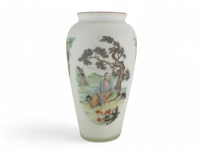 Chinese Enameled Overlay Glass Flower Vase: A translucent glass vase decorated with a hand-painted scene of a scholar under a pine tree in a landscape setting. The reverse features a floral motif. Delicately rendered in soft pastel enamels, lik